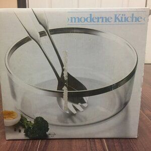 NIP Vtg Modern Kitchen Glass Bowl Silver Plated Salad Cutlery Made In England